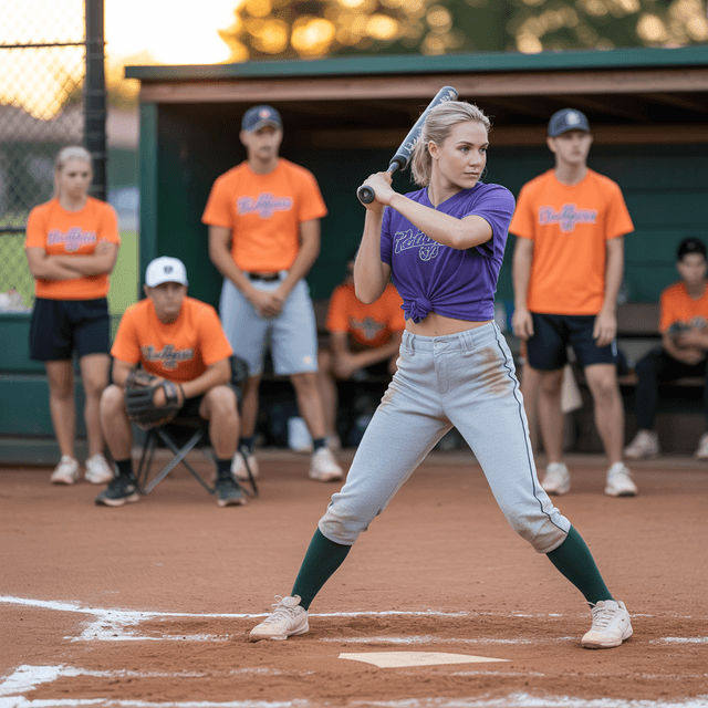 Coed softball team at bat during a sunset game
